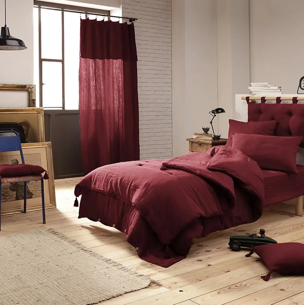 OUREA - Couvre-pied 150x150cm Capitonné Gaze de Coton Lie de Vin