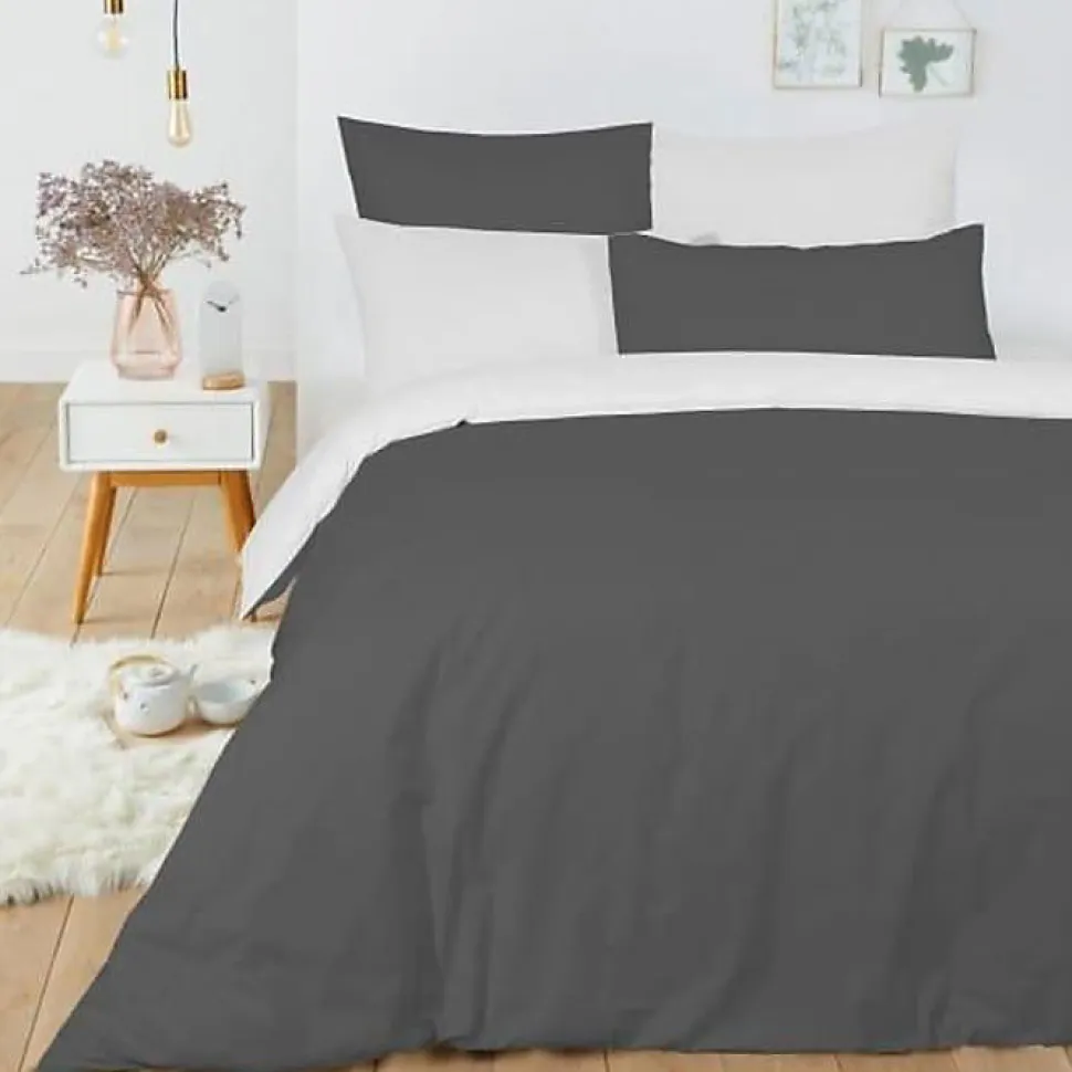 Pack complet 6 pièces Anthracite/Blanc réversible housse de couette pour lit 180 x 200 cm "King size"