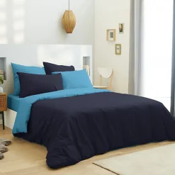 Pack complet 6 pièces Marine/Turquoise réversible housse de couette pour lit 180 x 200 cm "King size"