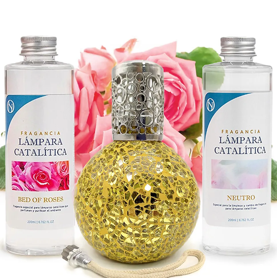 Pack économique Lampe Catalytique Mosaïque Doré + Parfum Bed of Roses (500 ml) + Nettoyant Neutre (200 ml) + Mèche de Rechange