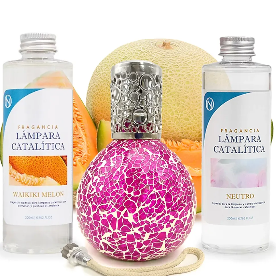 Pack économique Lampe Catalytique Mosaïque Fuchsia + Parfum Waikiki Melon (500 ml) + Nettoyant Neutre (200 ml) + Mèche de Rechange