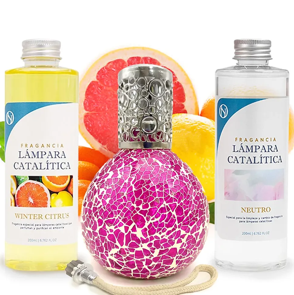 Pack économique Lampe Catalytique Mosaïque Fuchsia + Parfum Winter Citrus (500 ml) + Nettoyant Neutre (200 ml) + Mèche de Rechange