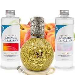 Pack économique Lampe Catalytique Mosaïque Doré + Parfum Peach Velvet (500 ml) + Nettoyant Neutre (200 ml) + Mèche de Rechange