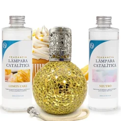 Pack économique Lampe Catalytique Mosaïque Doré + Parfum Lemon Cake (200 ml) + Nettoyant Neutre (200 ml) + Mèche Rechange