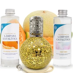 Pack économique Lampe Catalytique Mosaïque Doré + Parfum Waikiki Melon (500 ml) + Nettoyant Neutre (200 ml) + Mèche de Rechange