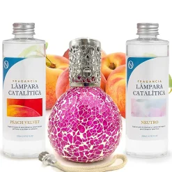 Pack économique Lampe Catalytique Mosaïque Fuchsia + Parfum Peach Velvet (200 ml) + Nettoyant Neutre (200 ml) + Mèche de Rechange
