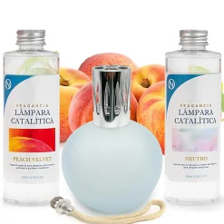 Pack économique Lampe Catalytique Bleu Gris Mat + Parfum Peach Velvet (500 ml) + Nettoyant Neutre (200 ml) + Mèche de Rechange