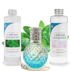 Pack économique Lampe Catalytique Blue Diamonds + Parfum Mountain Mint (200 ml) + Nettoyant Neutre (200 ml) + Mèche de Rechange