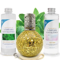 Pack économique Lampe Catalytique Mosaïque Doré + Parfum Mountain Mint (200 ml) + Nettoyant Neutre (200 ml) + Mèche de Rechange