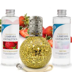 Pack économique Lampe Catalytique Mosaïque Doré + Parfum Wild Strawberry (500 ml) + Nettoyant Neutre (200 ml) + Mèche de Rechange
