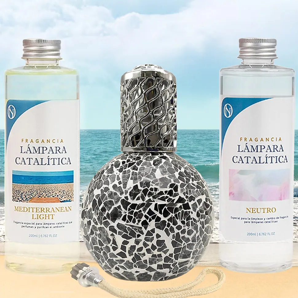 Pack économique Lampe Catalytique Mosaïque Noir + Parfum Mediterranean Light (500 ml) + Nettoyant Neutre (200 ml) + Mèche Rechange