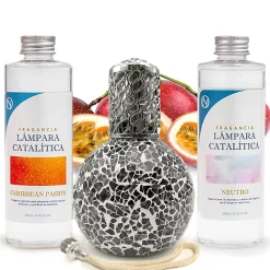 Pack économique Lampe Catalytique Mosaïque Noir + Parfum Caribbean Passion (500 ml) + Nettoyant Neutre (200 ml) + Mèche Rechange