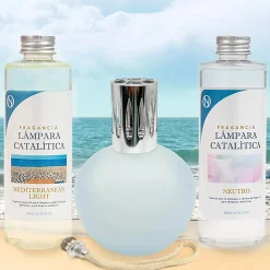 Pack économique Lampe Catalytique Bleu Gris Mat + Parfum Mediterranean Light (500ml) + Nettoyant Neutre (200ml) + Mèche Rechange