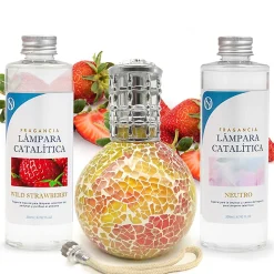 Pack économique Lampe Catalytique Mosaïque Bicolore + Parfum Wild Strawberry (500 ml) + Nettoyant Neutre (200 ml) + Mèche Rechange