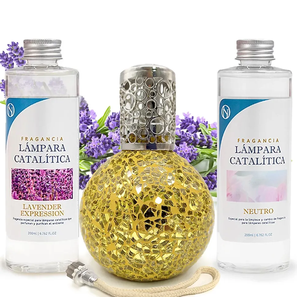 Pack économique Lampe Catalytique Mosaïque Doré + Parfum Lavender Expression (500 ml) + Nettoyant Neutre (200 ml) + Mèche Rechange