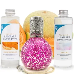 Pack économique Lampe Catalytique Mosaïque Fuchsia + Parfum Waikiki Melon (200 ml) + Nettoyant Neutre (200 ml) + Mèche de Rechange