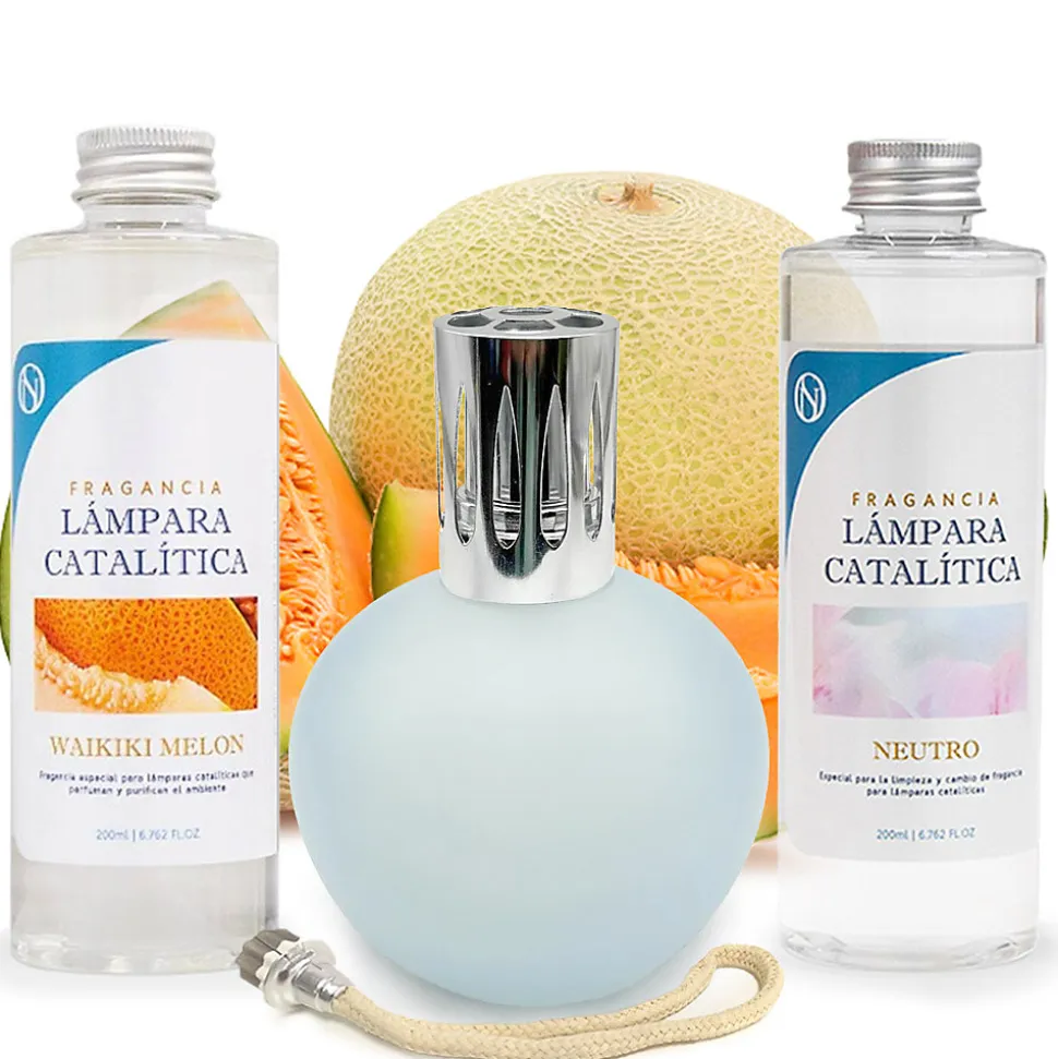 Pack économique Lampe Catalytique Bleu-Gris Mat + Parfum Waikiki Melon (200 ml) + Nettoyant Neutre (200 ml) + Mèche de Rechange