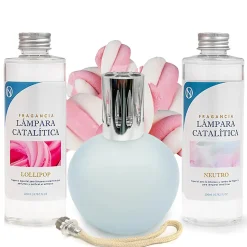 Pack économique Lampe Catalytique Bleu-Gris Mat + Parfum Lollipop (200 ml) + Nettoyant Neutre (200 ml) + Mèche de Rechange