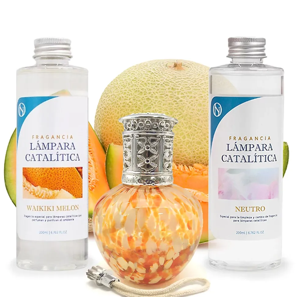 Pack économique Lampe Catalytique Drops Orange + Parfum Waikiki Melon (200 ml) + Nettoyant Neutre (200 ml) + Mèche de Rechange