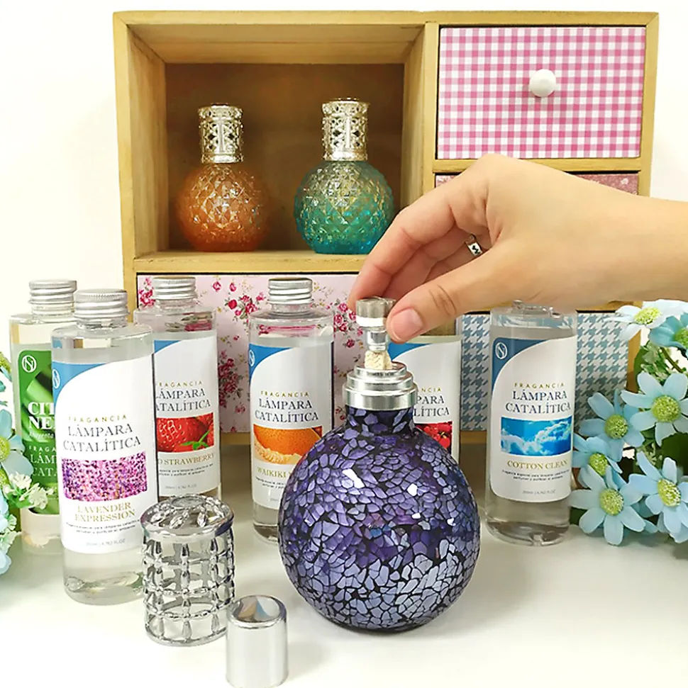 Pack économique Lampe Catalytique Mosaïque Doré + Parfum Caribbean Passion (200 ml) + Nettoyant Neutre (200 ml) + Mèche Rechange