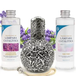 Pack économique Lampe Catalytique Mosaïque Noir + Parfum Lavender Expression (200 ml) + Nettoyant Neutre (200 ml) + Mèche Rechange