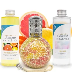Pack économique Lampe Catalytique Mosaïque Bicolore + Parfum Winter Citrus (500 ml) + Nettoyant Neutre (200 ml) + Mèche Rechange