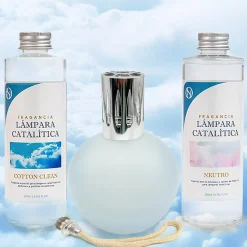 Pack économique Lampe Catalytique Bleu Gris Mat + Parfum Cotton Clean (500 ml) + Nettoyant Neutre (200 ml) + Mèche de Rechange