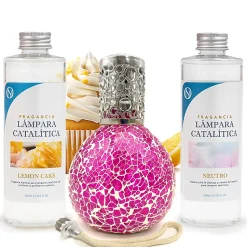 Pack économique Lampe Catalytique Mosaïque Fuchsia + Parfum Lemon Cake (200 ml) + Nettoyant Neutre (200 ml) + Mèche de Rechange