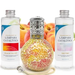 Pack économique Lampe Catalytique Mosaïque Bicolore + Parfum Peach Velvet (200 ml) + Nettoyant Neutre (200 ml) + Mèche de Rechange