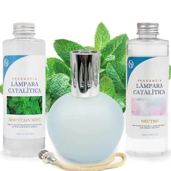 Pack économique Lampe Catalytique Bleu Gris Mat + Parfum Mountain Mint (500 ml) + Nettoyant Neutre (200 ml) + Mèche de Rechange