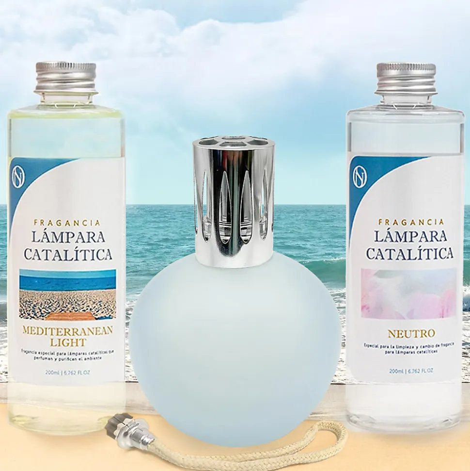 Pack économique Lampe Catalytique Bleu-Gris Mat + Parfum Mediterranean Light (200ml) + Nettoyant Neutre (200ml) + Mèche Rechange