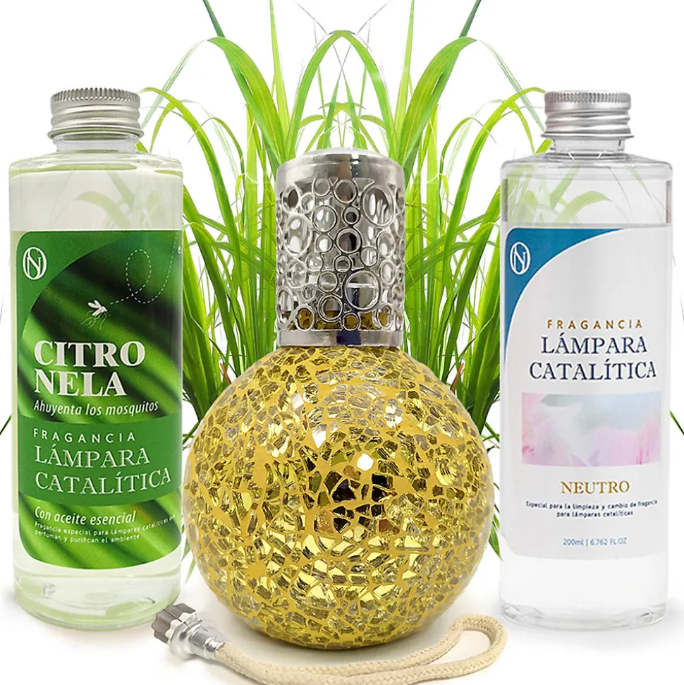 Pack économique Lampe Catalytique Mosaïque Doré + Parfum Citronnelle (500 ml) + Nettoyant Neutre (200 ml) + Mèche de Rechange