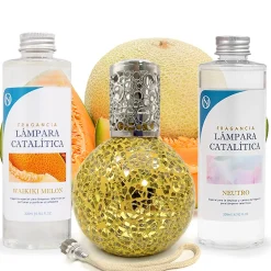 Pack économique Lampe Catalytique Mosaïque Doré + Parfum Waikiki Melon (200 ml) + Nettoyant Neutre (200 ml) + Mèche de Rechange