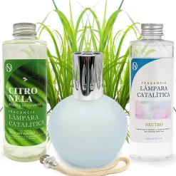 Pack économique Lampe Catalytique Bleu Gris Mat + Parfum Citronnelle (500 ml) + Nettoyant Neutre (200 ml) + Mèche de Rechange