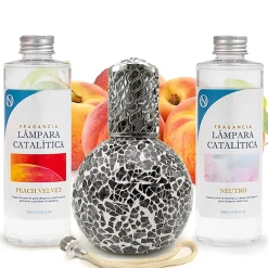 Pack économique Lampe Catalytique Mosaïque Noir + Parfum Peach Velvet (500 ml) + Nettoyant Neutre (200 ml) + Mèche de Rechange