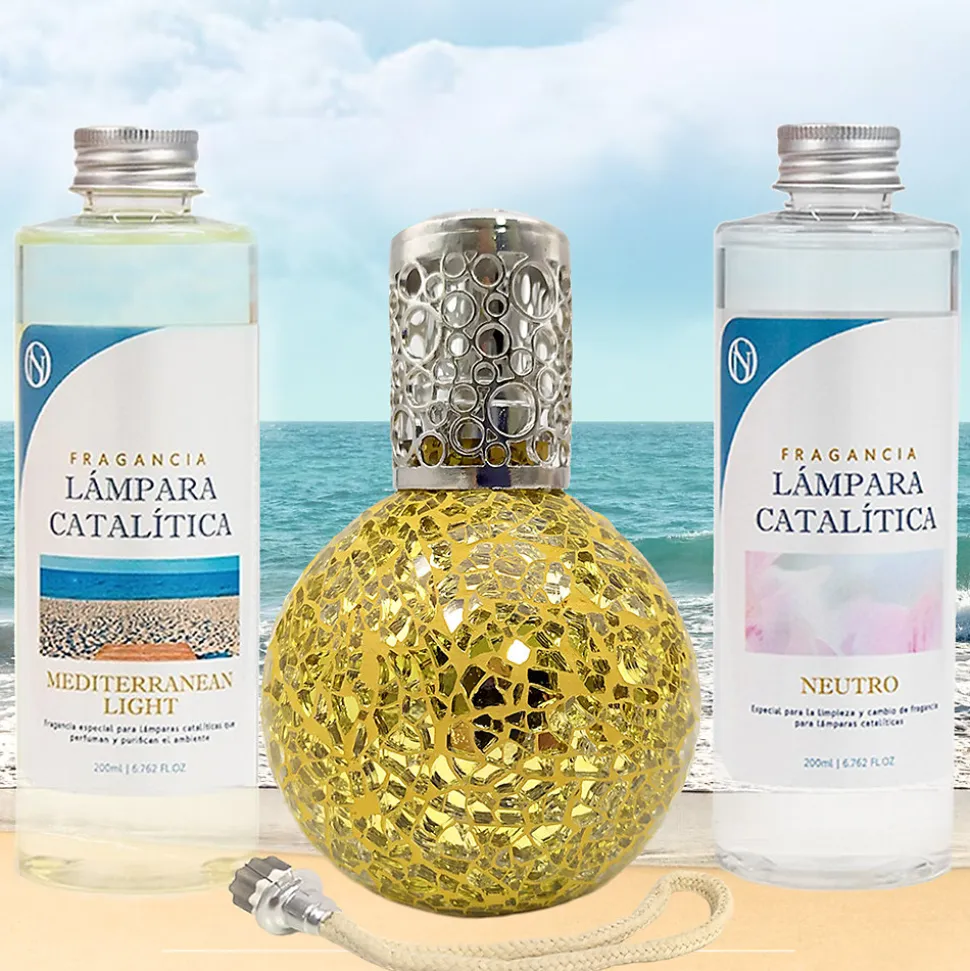 Pack économique Lampe Catalytique Mosaïque Doré + Parfum Mediterranean Light (200 ml) + Nettoyant Neutre (200 ml) + Mèche Rechange