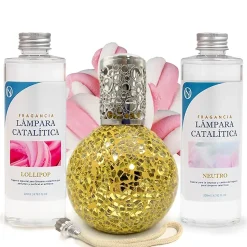 Pack économique Lampe Catalytique Mosaïque Doré + Parfum Lollipop (200 ml) + Nettoyant Neutre (200 ml) + Mèche de Rechange