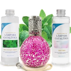 Pack économique Lampe Catalytique Mosaïque Fuchsia + Parfum Mountain Mint (200 ml) + Nettoyant Neutre (200 ml) + Mèche de Rechange