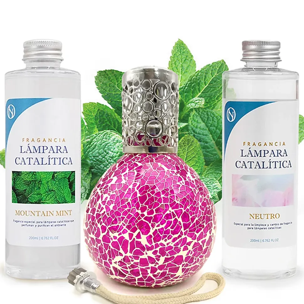 Pack économique Lampe Catalytique Mosaïque Fuchsia + Parfum Mountain Mint (200 ml) + Nettoyant Neutre (200 ml) + Mèche de Rechange