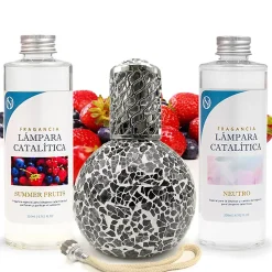Pack économique Lampe Catalytique Mosaïque Noir + Parfum Summer Fruits (200 ml) + Nettoyant Neutre (200 ml) + Mèche de Rechange