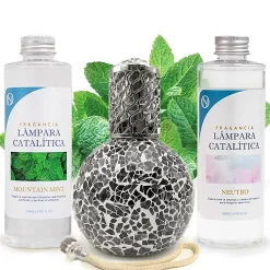 Pack économique Lampe Catalytique Mosaïque Noir + Parfum Mountain Mint (200 ml) + Nettoyant Neutre (200 ml) + Mèche de Rechange