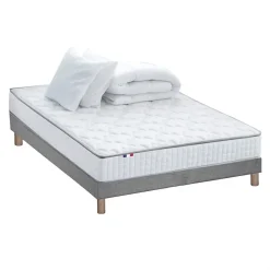 Pack matelas ressorts ASTRE + sommier kit gris + couette et oreillers 140x200