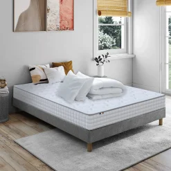 Pack matelas ressorts ASTRE + sommier kit gris + couette et oreillers 140x200