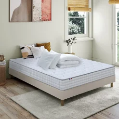Pack matelas ressorts ASTRE + sommier kit beige + couette et oreillers 140x190