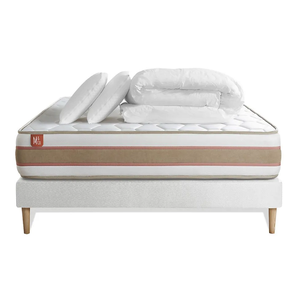 Pack sommier kit matelas Ressorts ensachés et mémoire de forme avec couette et oreillers