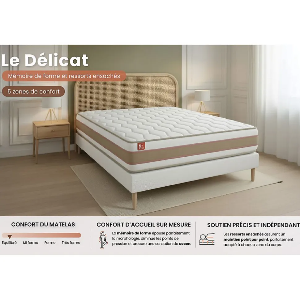 Pack sommier kit matelas Ressorts ensachés et mémoire de forme avec couette et oreillers