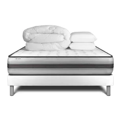 Pack sommier kit matelas Ressorts ensachés et mémoire de forme avec couette et oreillers