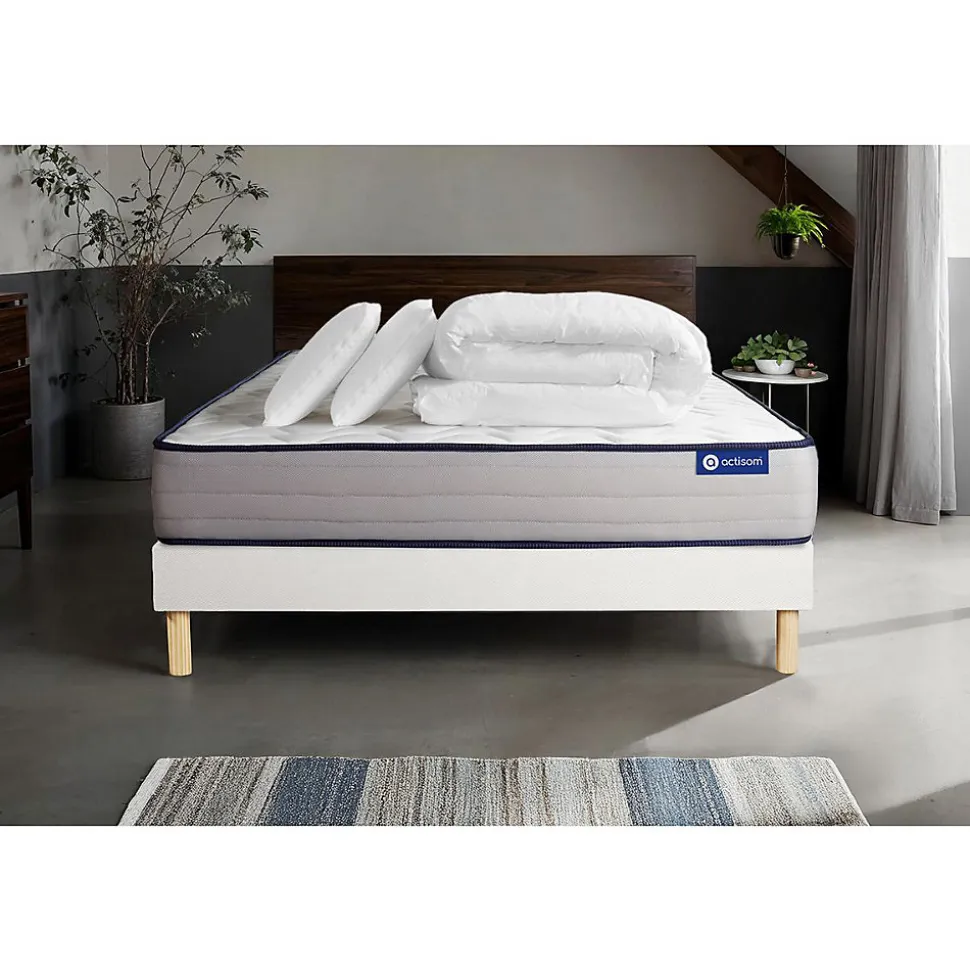 Pack sommier kit matelas Mémoire de forme avec couette et oreillers