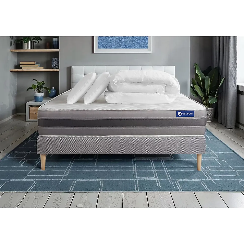 Pack sommier kit matelas Mémoire de forme avec couette et oreillers