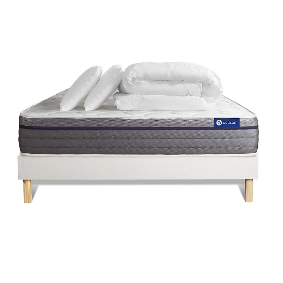 Pack sommier kit matelas Ressorts ensachés et mémoire de forme avec couette et oreillers